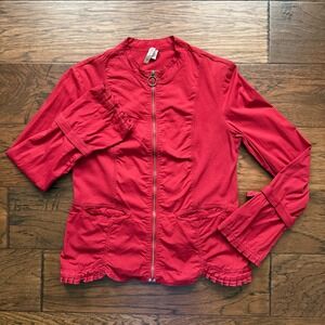 XCVI Cotton Spandex Zip Up Jacket Ruffle Hem Utility Chic Y2K Red Size M Artsy